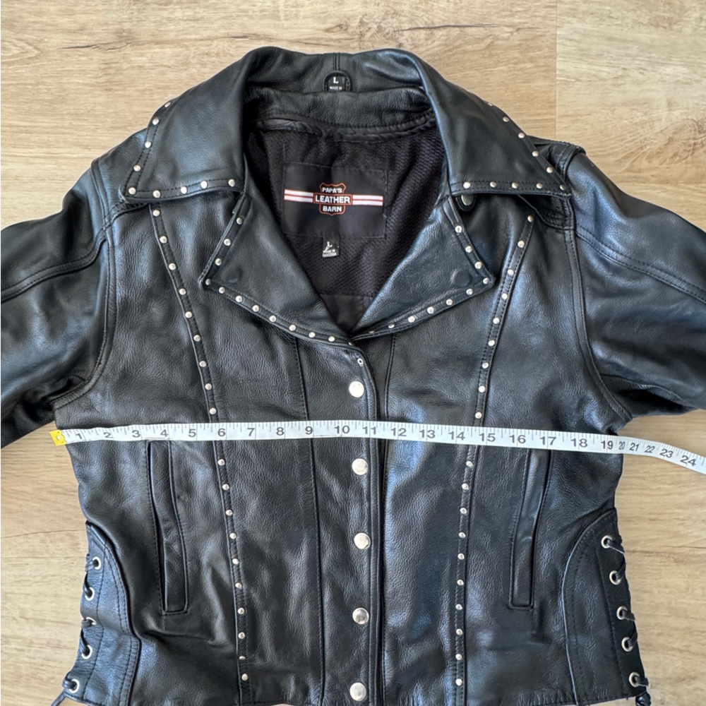 Papa’s Leather Barn Studded Black Leather Biker Jacket sz L - Picture 3 of 9